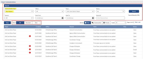 On the Communications Message Center page, the search filters are emphasized in red at the top of the image, displaying the Communication Type selected as Non-Patient.